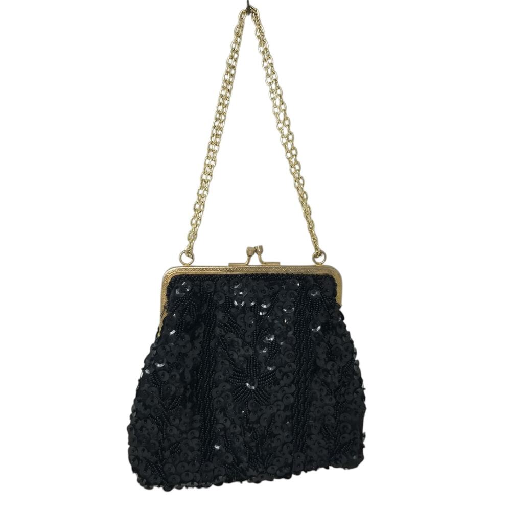 Vtg Floral Bead Sequin Evening Bag Purse Black Gold Tone Hong Kong Whimsigoth